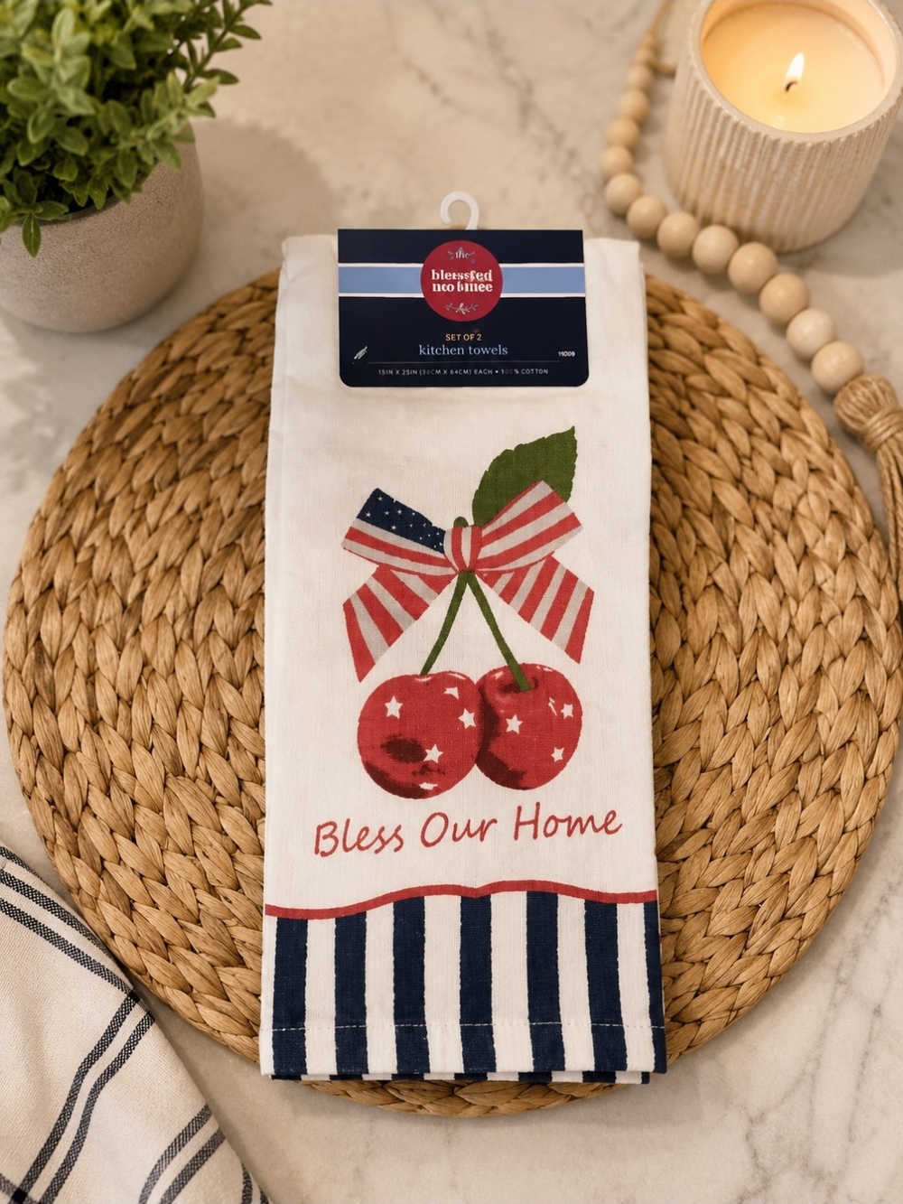 Bless Our Home Cherry Print Kitchen Towel - White/Red/Blue